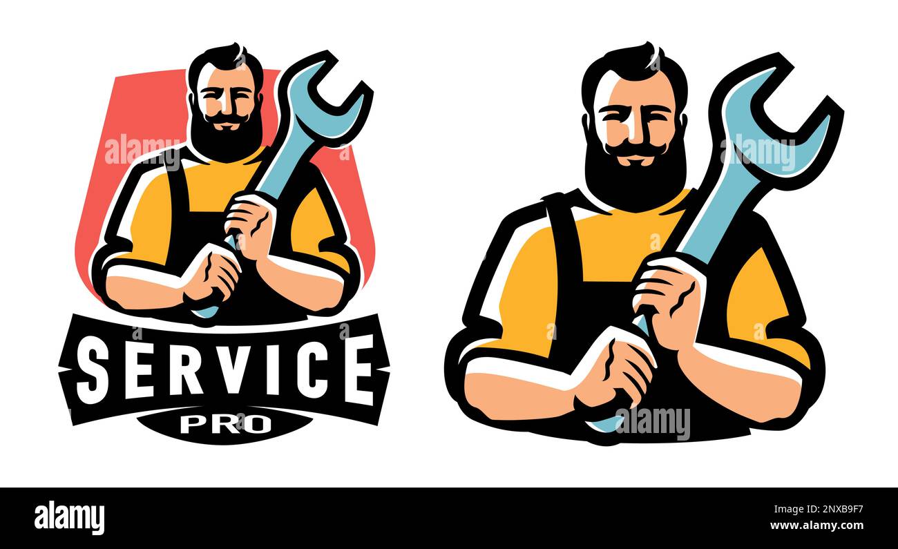 Arbeiter mit Schraubenschlüssel. Ingenieur, Techniker, Mechaniker-Emblem. Werkstatt, Logo Service Technik. Vektordarstellung Stock Vektor