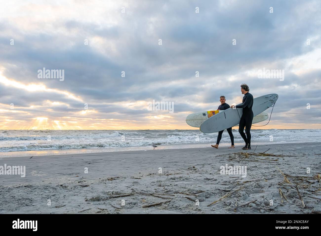 Surfer in Florida mit Longboards, bereit für eine Surftour bei Sonnenaufgang im Winter am Jacksonville Beach im Nordosten Floridas. (USA) Stockfoto
