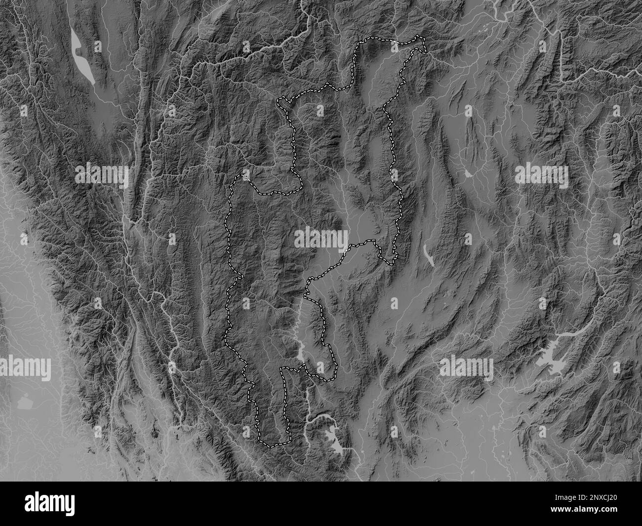 Chiang Mai, Provinz Thailand. Grauskala-Höhenkarte mit Seen und Flüssen Stockfoto