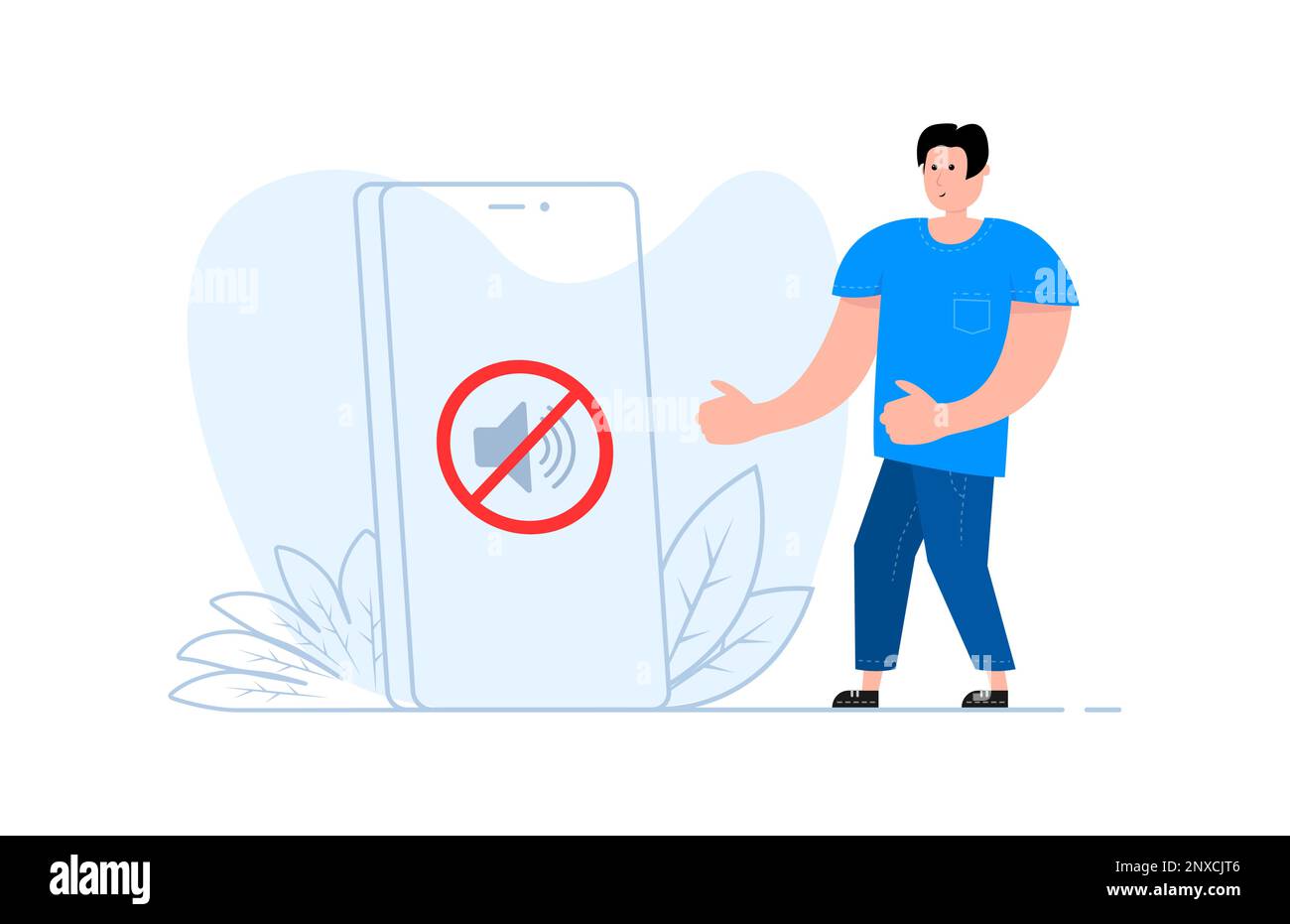 Ein Mann steht neben dem Smartphone, auf dem Bildschirm ist kein Ton zu hören. Verbotsschild mit Lautsprecher Stock Vektor