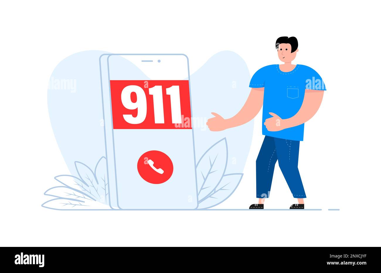 Ein Mann steht neben dem Smartphone, auf dem Bildschirm Notruf 911 Stock Vektor
