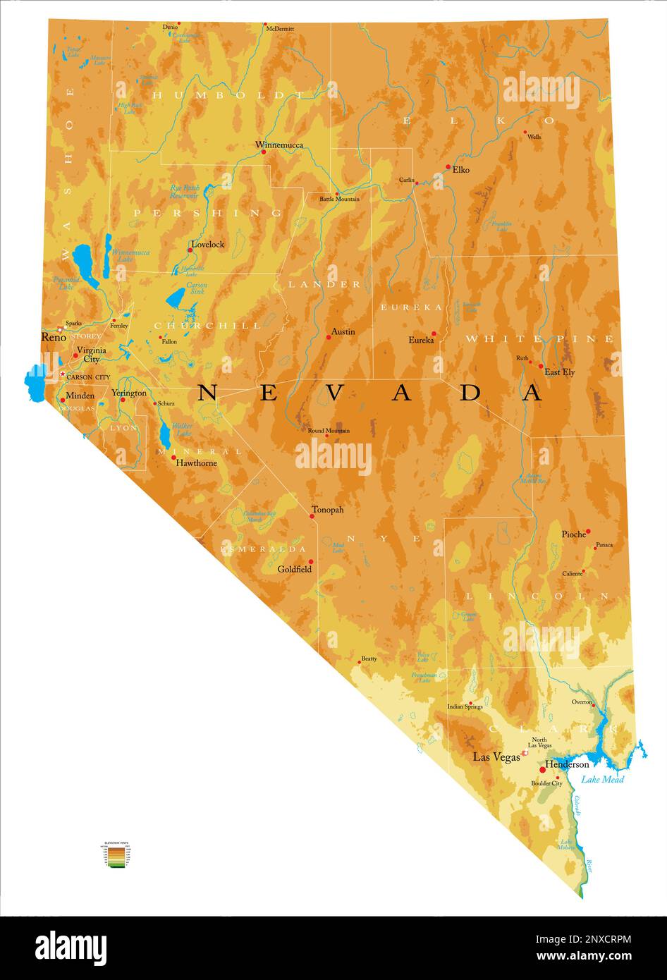 Sehr detaillierte physische Karte der Nevada, im Vektorformat, mit allen Reliefformen, Regionen und Großstädten. Stock Vektor