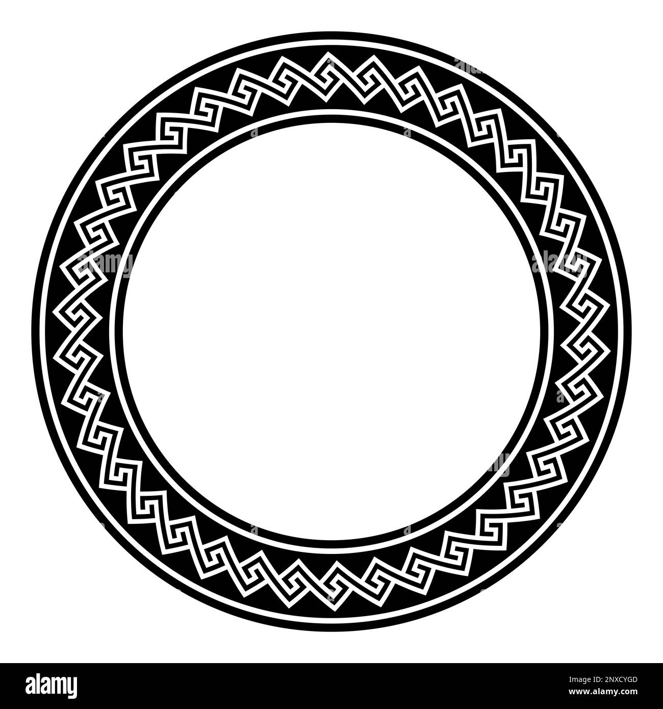 Hopi-Meander-Muster, Kreisrahmen. Dekorativer Rahmen, der durch ein nahtloses und unverbundenes Meander-Muster erzeugt wird. Stockfoto