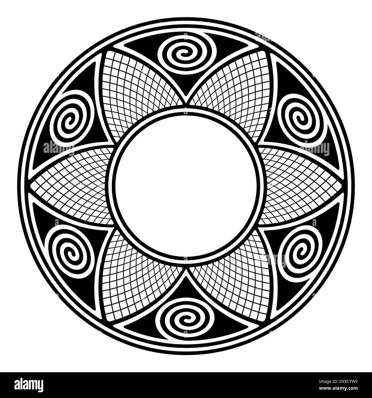 Kreisrahmen mit Hopi-Mustern. Dekorative Verzierung, inspiriert von traditionellen Töpfermotiven der Hopi, einer ethnischen Gruppe der Ureinwohner Amerikas. Stockfoto