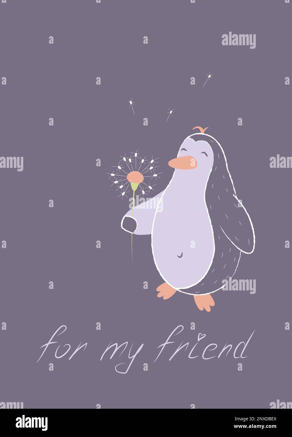 Geschenkgutschein für meinen Freund. Süßer Cartoon-Pinguin in Lila lächelt und hält eine Löwenblume in der Hand. Wunderschöne Sommer- oder Frühlingskarte, Poster. Ein gemütliches und Stock Vektor