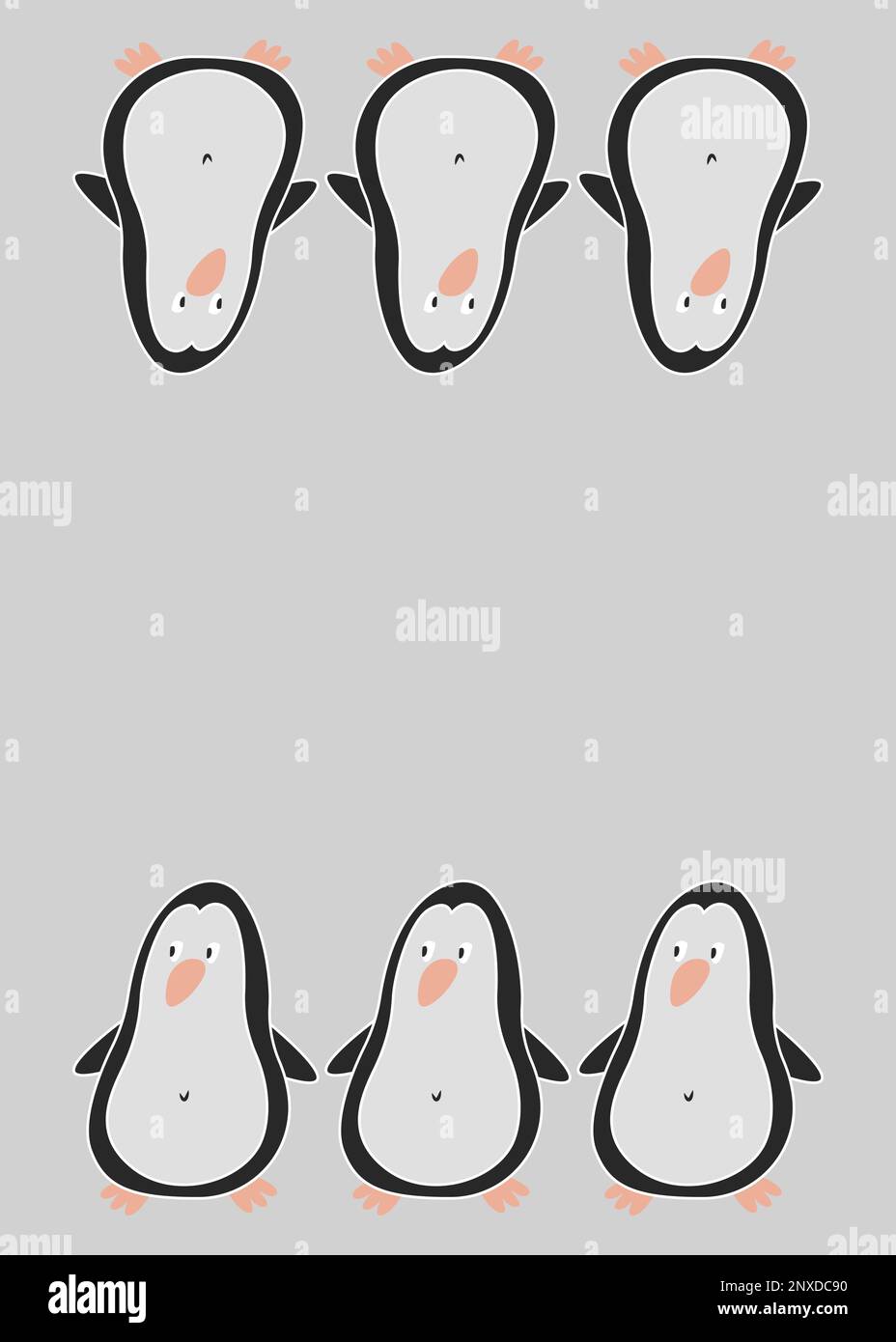 Wunderschöne, einfache Postkarte mit lustigen, süßen Pinguinen. Ein gemütliches und unterhaltsames Geschenk für einen Freund, einen geliebten Menschen oder ein Familienmitglied. Süßer Cartoon, schwarz-weißer Pinguin Stock Vektor