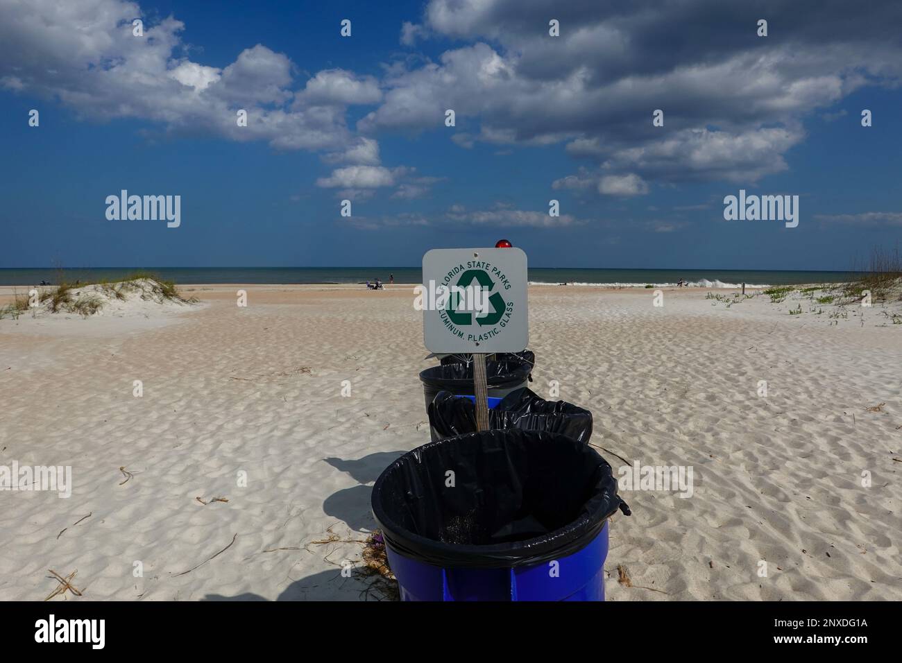 Mülltonnen zum Recycling, Anastasia State Park Beach, St. Augustine, Florida, USA. Stockfoto