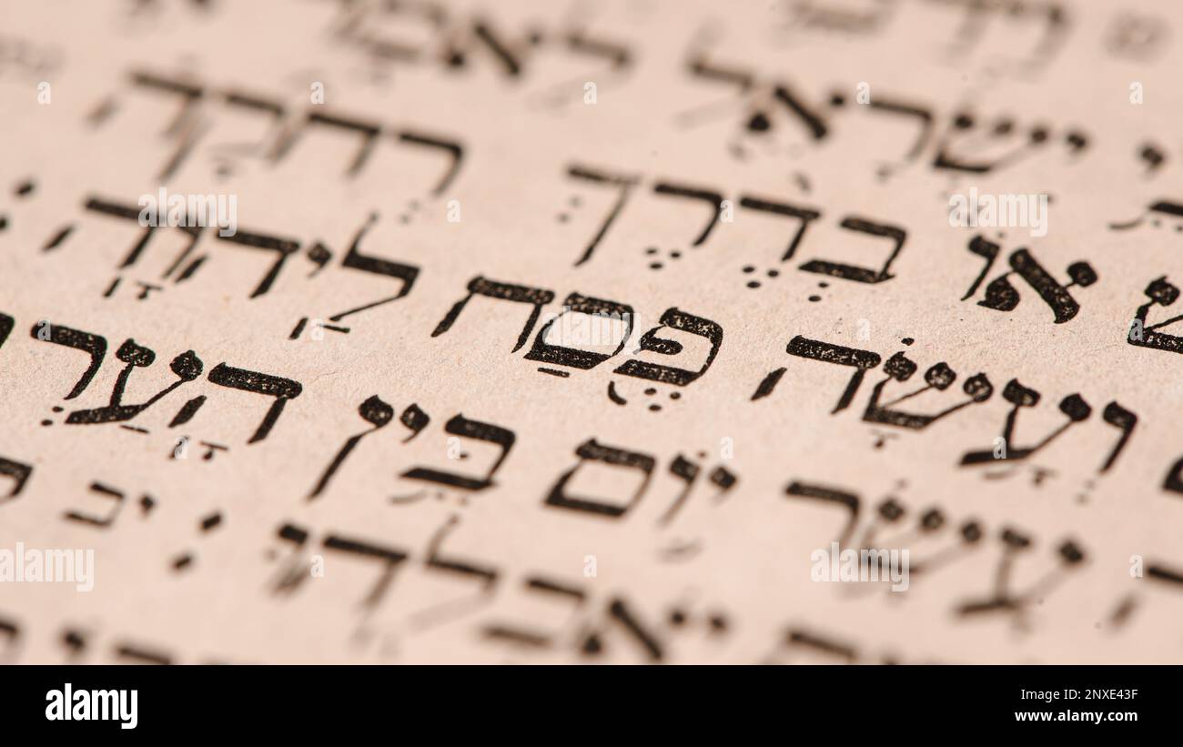 Abgenutzte Seite des alten schäbigen jüdischen Buches Torah. Hebräischer Bibeltext, der ins englische übersetzt wird als Angebot des Pessachopfers für Jehovah. Stockfoto