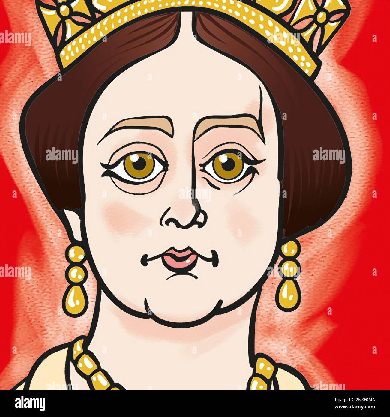 Kopf und Schultern Kunst der Britischen Königin Victoria, auf Passfoto gezeigt, moderner Stil, direkt in die Kamera schauen, Krone und Perlenohrringe tragen Stockfoto