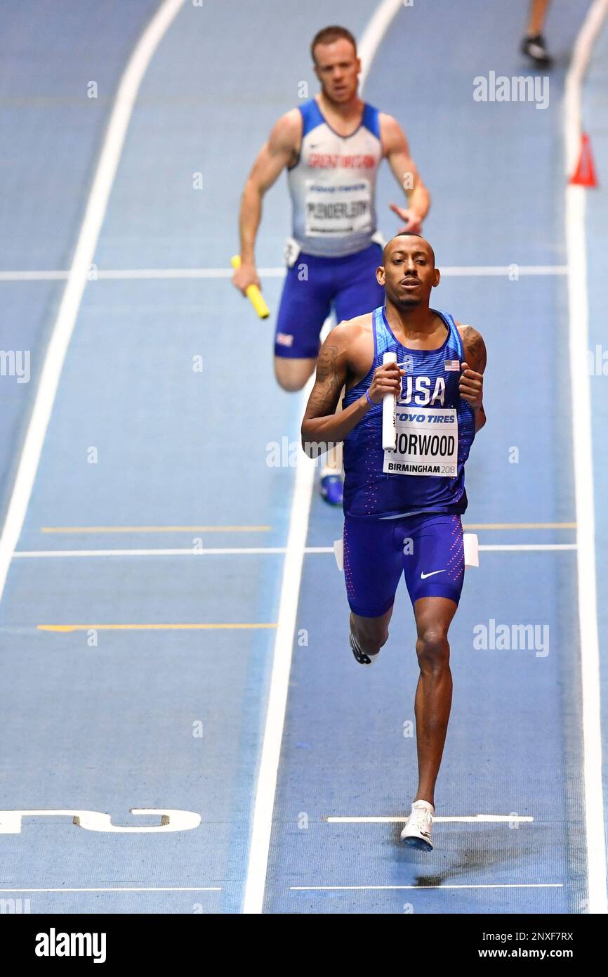 Vernon Norwood (USA) finishes in a time of 4.04.00 to win the second heat of the Mens 4x400m relay during the morning session of the IAAF World Indoor Championships at Arena Birmingham in Birmingham, United Kingdom on Saturday, Mar 2, 2018. (Steve Flynn/IOS via AP) Stockfoto