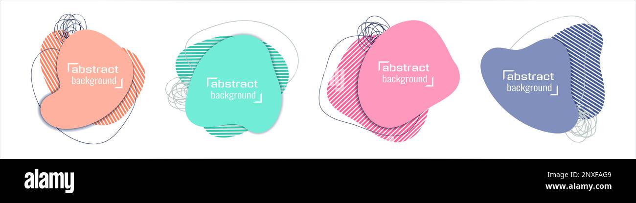 Abstrakte Banner für flüssige Formen. Unregelmäßige Flecken, Papierschnitt. Flüssige organische Klumpen mit Umrissen und Kritzeleien. Web- oder Druckvorlagen. Vektordarstellung. Stock Vektor