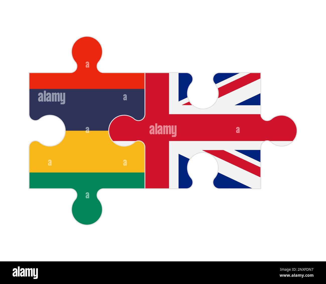 Zusammenhängendes Puzzle von Flaggen von Mauritius und Großbritannien, Vektor Stock Vektor