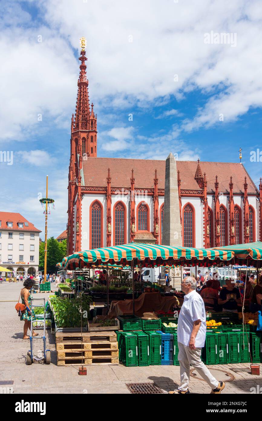 Würzburg: Marikapelle-Kirche, Marktplatz, Wochenmarkt in Unterfranken, Niederfrankien, Bayern, Bayern, Deutschland Stockfoto