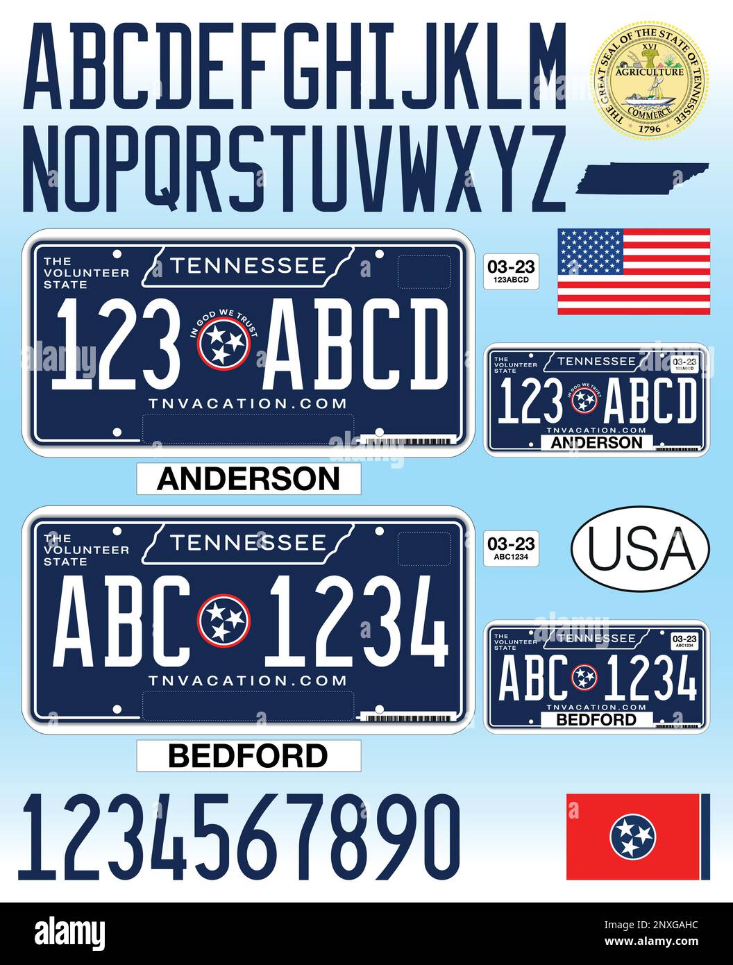 New Tennessee Auto Nummernschild blau, 2023, Buchstaben, Zahlen und Symbole, Vektorzeichnung, USA Stock Vektor