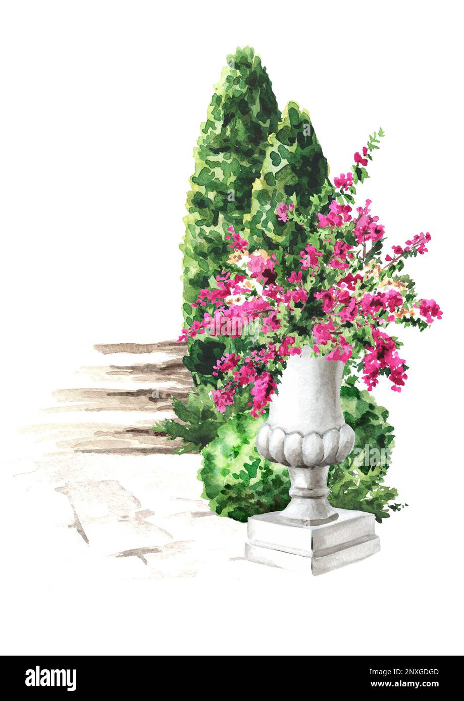 Gartendekorative architektonische Marmorvase aus Stein oder Blumentopf und Treppe. Landschaftsdesign, handgemalte Aquarellzeichnung isoliert auf Weiß Stockfoto