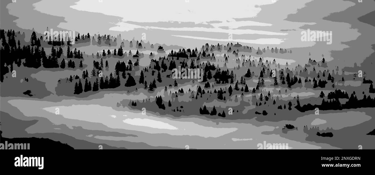 Authentischer Nadelwald im Morgennebel, schwarz-weiße Berglandschaft. Karpaten, Polen. Stock Vektor