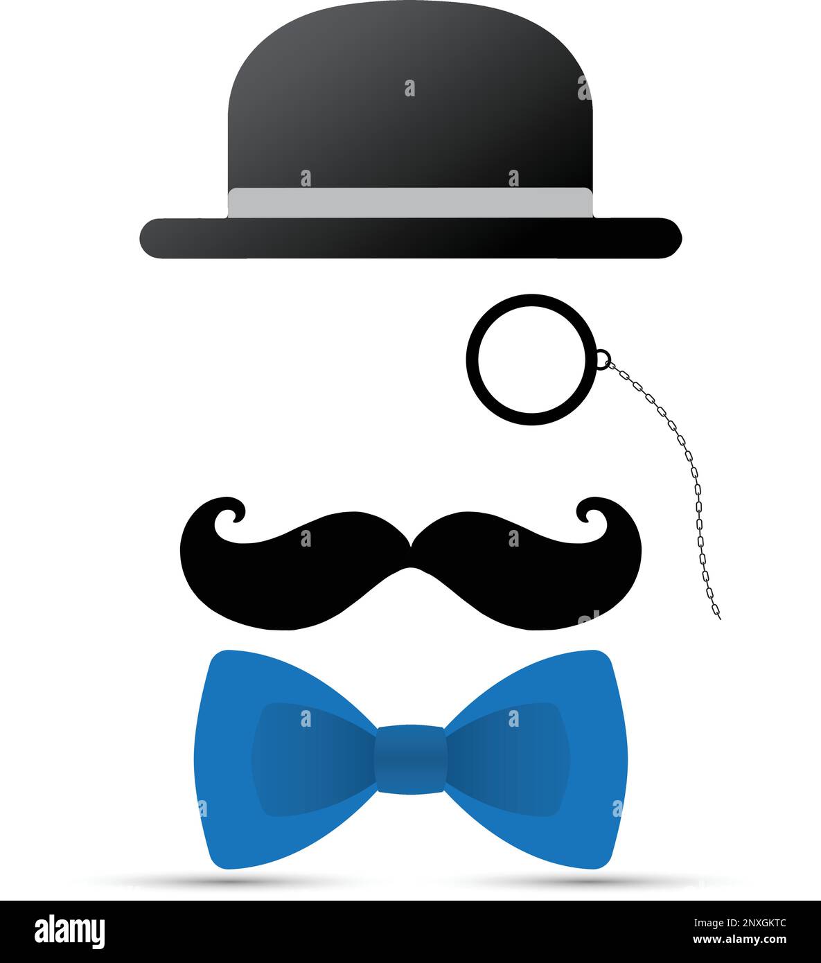 Schwarzer Schnurrbart, Monokel, Hut und blaue Fliege auf weißem Hintergrund Stock Vektor
