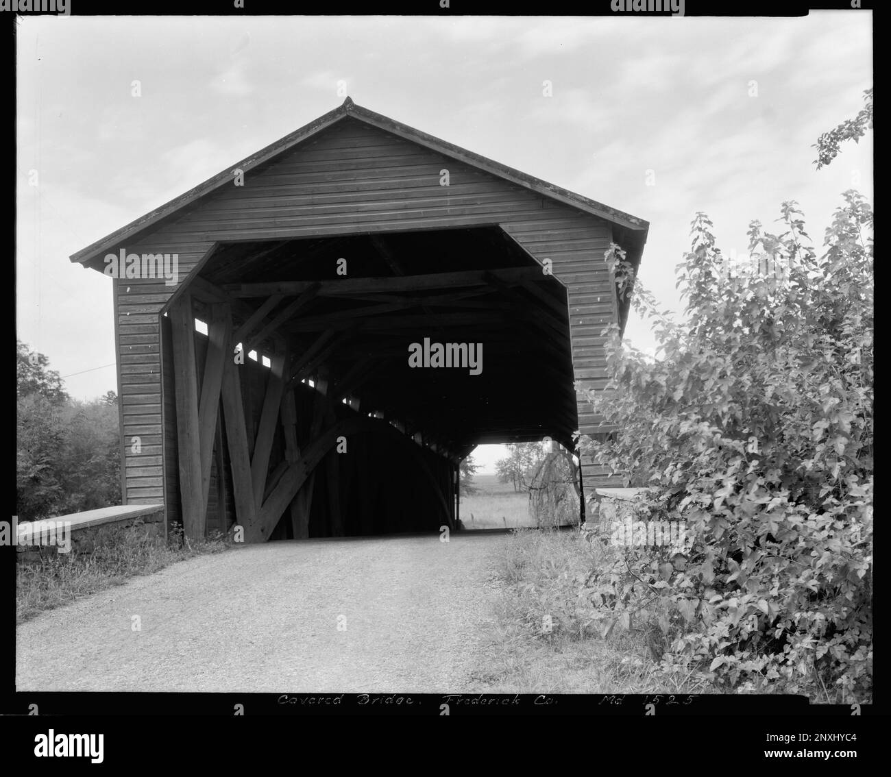 Überdachte Brücke, Frederick County, Maryland. Carnegie Survey of the Architecture of the South (Carnegie-Umfrage zur Architektur des Südens). USA, Maryland, Frederick County, überdachte Brücken, Pflanzen. Stockfoto