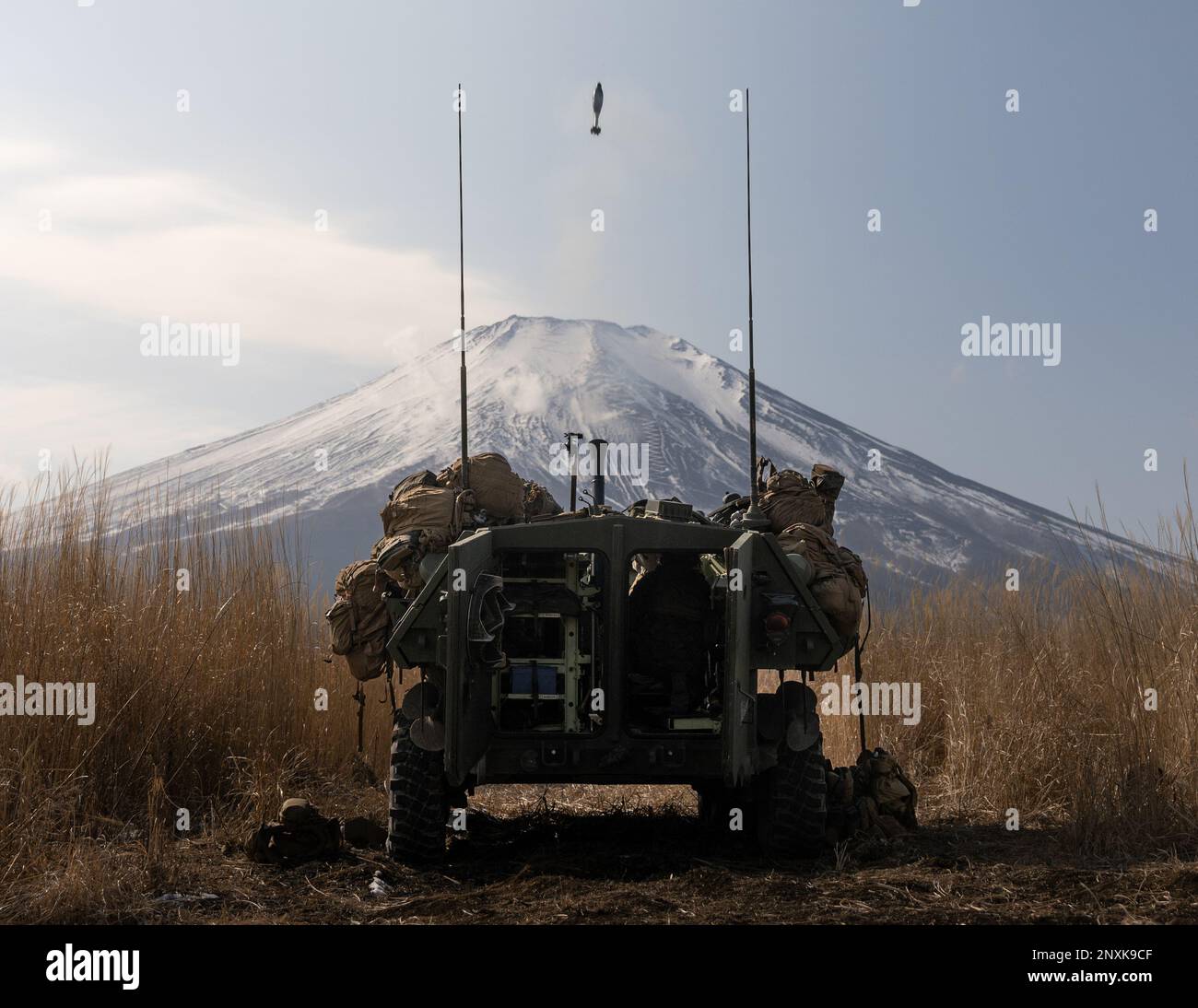 USA Marines mit dem 3D. Aufklärungsbataillon beschießen ein leichtes gepanzertes M252 81-mm-Mörsersystem während Fuji Viper 23,2 im Combined Arms Training Center, Camp Fuji, Japan, 3. Februar 2023. Fuji Viper bietet US-Dollar Marines, die in Japan operieren, mit realistischen Schulungsmöglichkeiten, um kombinierte Waffen auszuüben und Fähigkeiten, Letalität und Bereitschaft aufrechtzuerhalten. 3D LAR wird im Indo-Pazifik unter 4. Marines, 3D. Marine Division im Rahmen des Unit Deployment Program eingesetzt. Stockfoto