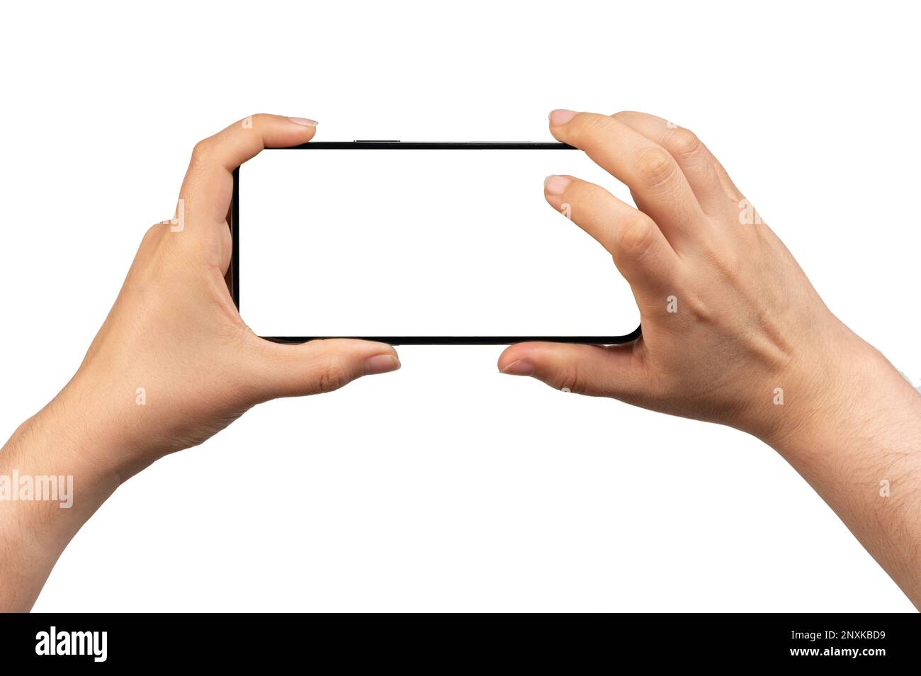 Telefon mit zwei Händen, Vorderansicht isoliert auf weißem Studiohintergrund Stockfoto