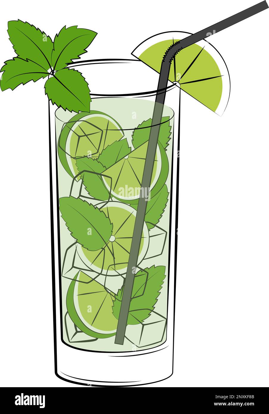 Mojito-Cocktail mit frischen Minzeblättern, Limettenspalten und Eiswürfeln. Klassische alkoholische Getränke-Vektordarstellung Stock Vektor