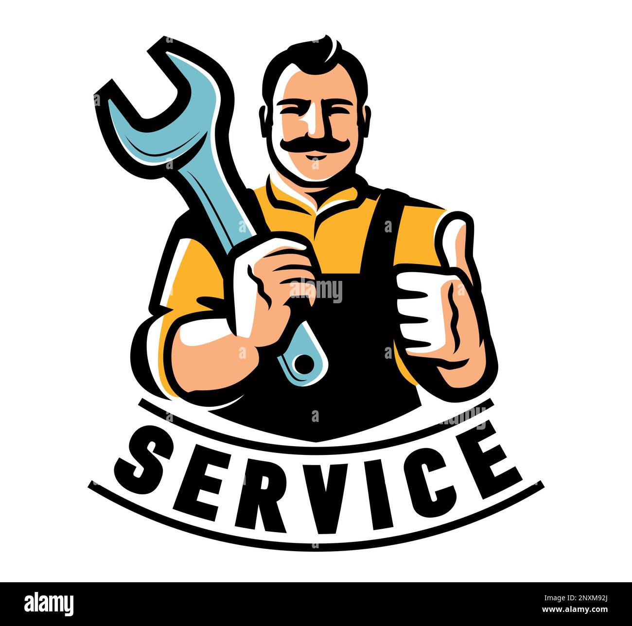 Ingenieur mit Schraubenschlüssel. Logo des Arbeiters/Technikers/Technikers/Baumeisters. Werkstatt, Service-Emblem. Vektordarstellung Stock Vektor