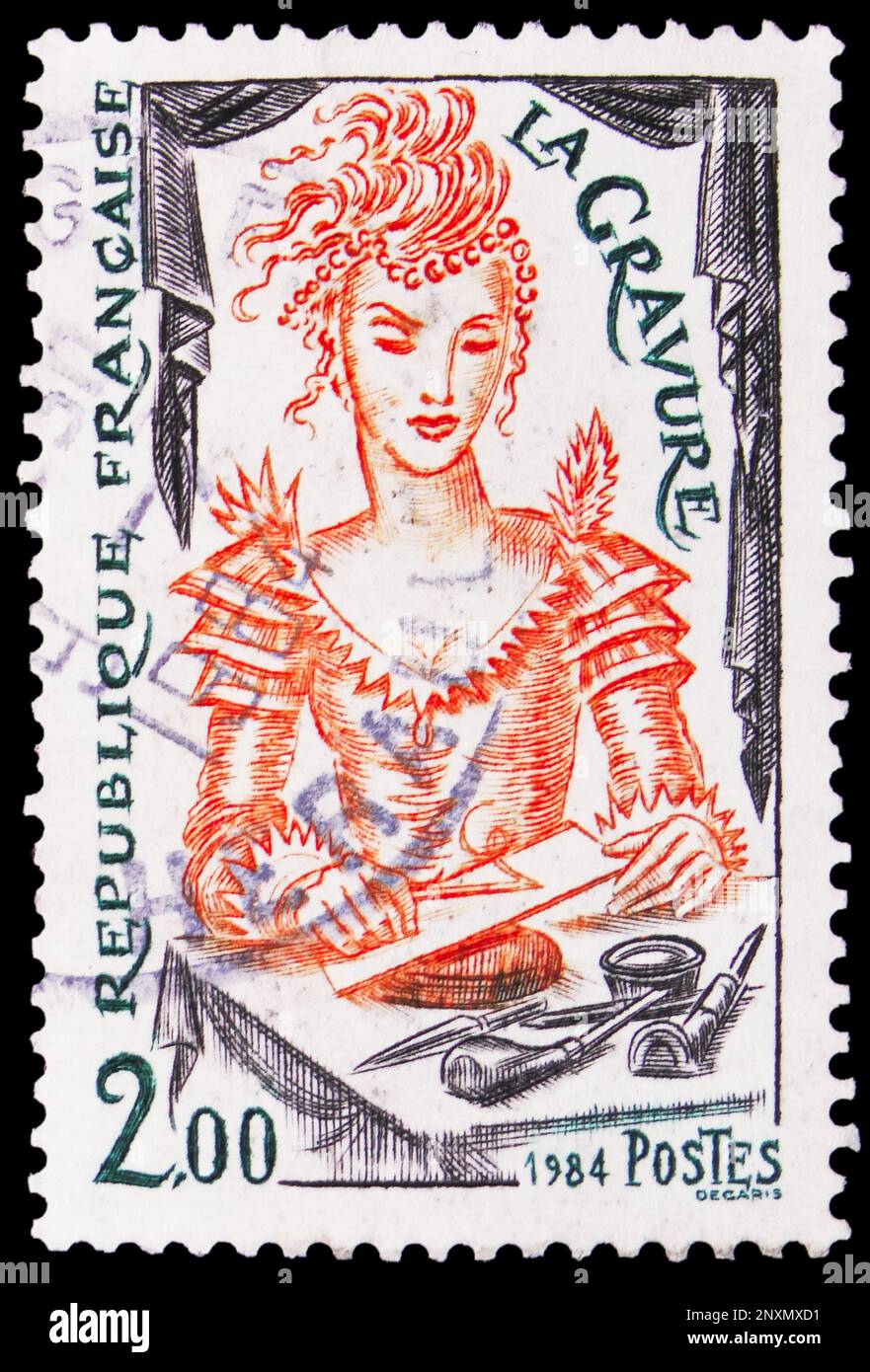 MOSKAU, RUSSLAND - 15. FEBRUAR 2023: Auf dem in Frankreich gedruckten Poststempel ist die Gravur aus dem Jahr 1984 zu sehen Stockfoto