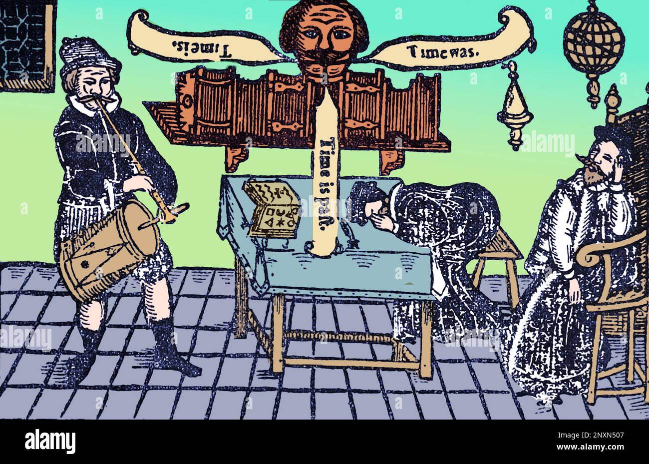 Eine Holzblockgravierung von Meilen, die den Tambour spielen, während die Mönche Roger Bacon und Bungay schlafen und der Brazen Head spricht und sagt: "Die Zeit ist gekommen. Das War Die Zeit. Die Zeit Ist Vorbei. Aus der ehrenwerten Geschichte von Frier Bacon und Frier Bongay, einer elisabethanischen Bühnenkomödie der 1580s Jahre, geschrieben von Robert Greene. Roger Bacon (ca. 1219/20 - ca. 1292) war ein mittelalterlicher englischer Philosoph und Franziskaner, der für Empirizismus bekannt war. In der frühen Neuzeit galt er als Zauberer und war besonders berühmt für die Geschichte seines mechanischen oder nekrotisierenden, dreisten Kopfes. Gefärbt. Stockfoto