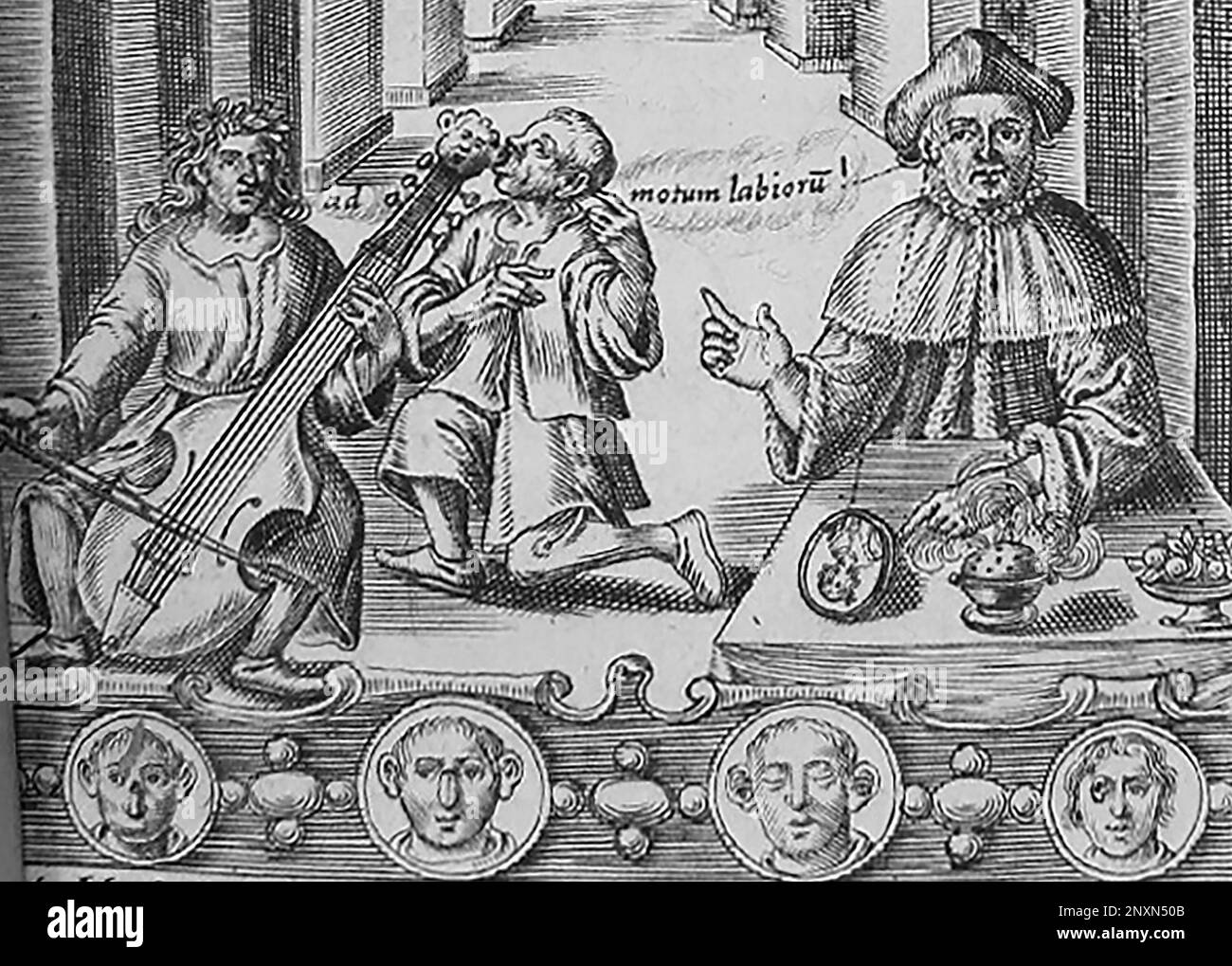 Detail des Frontispiekels aus John Bulwers Philocophus, veröffentlicht 1648, zeigt einen gehörlosen Mann, der Musik durch Knochenleitung durch die Zähne hört. John Bulwer (1606-1656) war ein englischer Arzt und Philosoph, der fünf Werke zur Erforschung des Körpers und der menschlichen Kommunikation schrieb, darunter Chirologia (1644) und Philocophus (1648). Er war der erste in England, der vorschlug, Gehörlose auszubilden. Die in Chirologia beschriebenen Handformen werden weiterhin in der britischen Gebärdensprache verwendet. Stockfoto