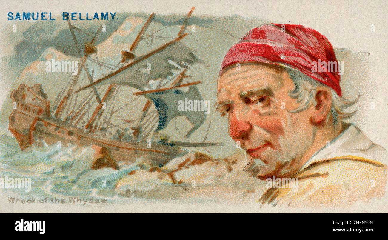 Samuel Bellamy, Wrack of the Whydah, aus der Serie Pirates of the Spanish Main für Allen & Ginter Cigarettes, Ca. 1888. Samuel Bellamy (1689-1717), später bekannt als "Black Sam" Bellamy, war ein englischer Pirat, der Anfang des 18. Jahrhunderts operierte und zum reichsten Piraten aller Zeiten wurde. Stockfoto