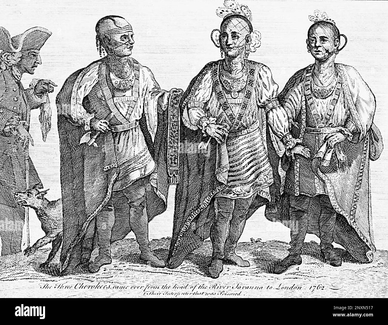 Drei Cherokee-Häuptlinge, die 1762 London, England, besuchten und König George III./n trafen Stockfoto