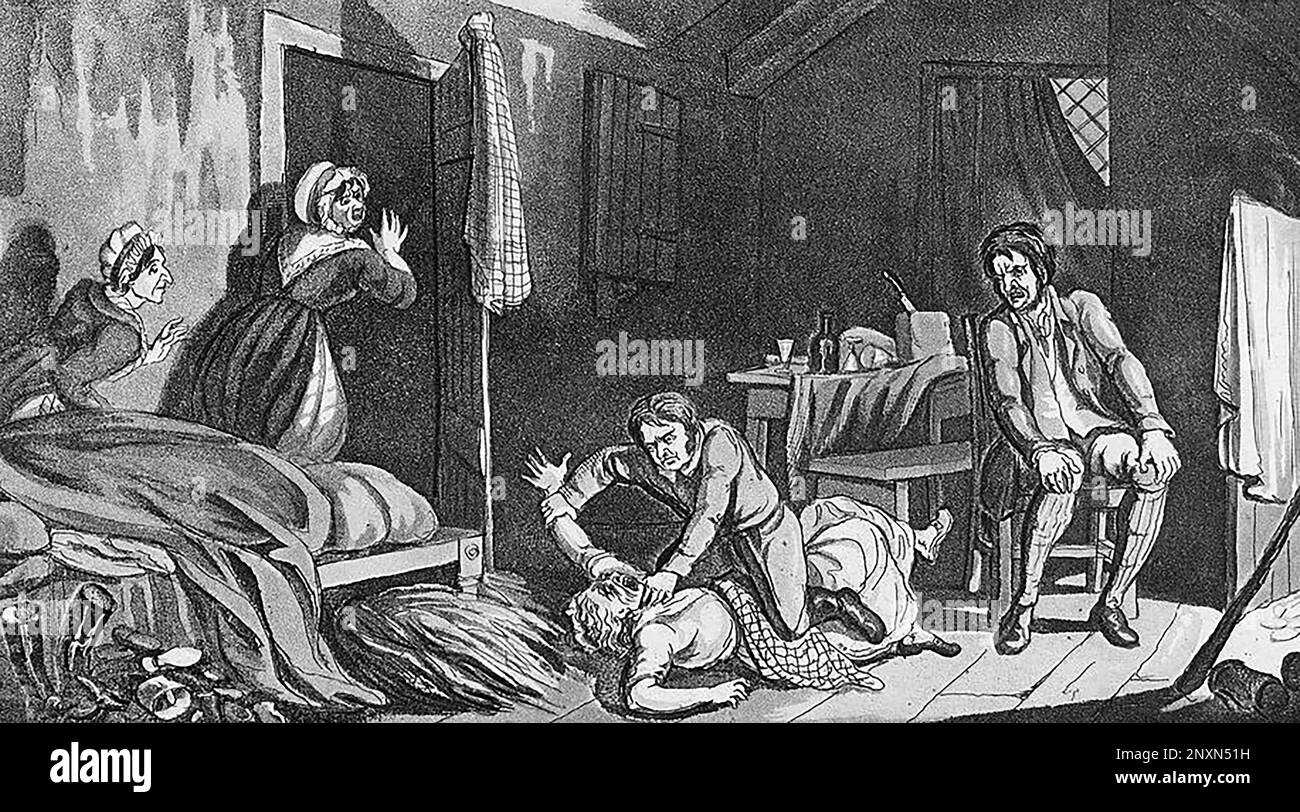 William Burke tötete Margery Campbell, den letzten Mord an Burke und Hare. Illustration von Robert Seymour, 1829. Die farbige Ätzung von William Burke vor Gericht. Die Morde an Burke und Hare waren eine Serie von 16 Morden, die 1828 in Edinburgh, Schottland, über zehn Monate von irischen Einwanderern William Burke (1792-1829) und William Hare (1792-?) begangen wurden, die die Leichen an Robert Knox (1791-1862) zur Sektion in seinen Anatomievorlesungen verkauften. Stockfoto