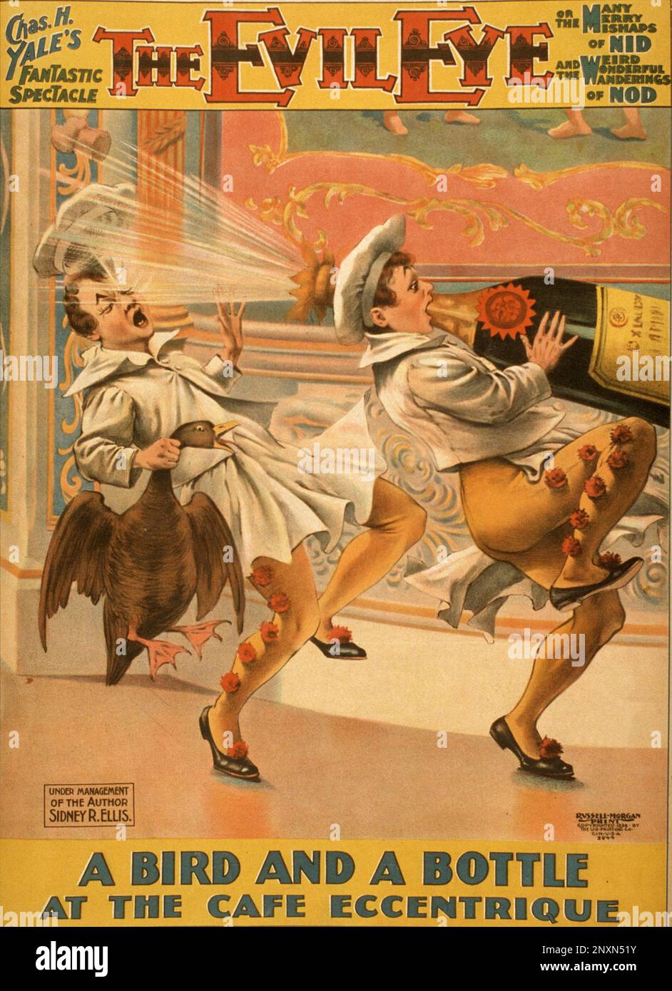 Theaterposter für Cain. H. Yales fantastisches Spektakel, das böse Auge, oder die vielen, fröhlichen Missgeschicke von Nid und die seltsamen, wunderbaren Wanderungen von Nod, 1898. Charles H. Yale (1856-1920) war ein amerikanischer Theaterproduzent und Künstler. Stockfoto