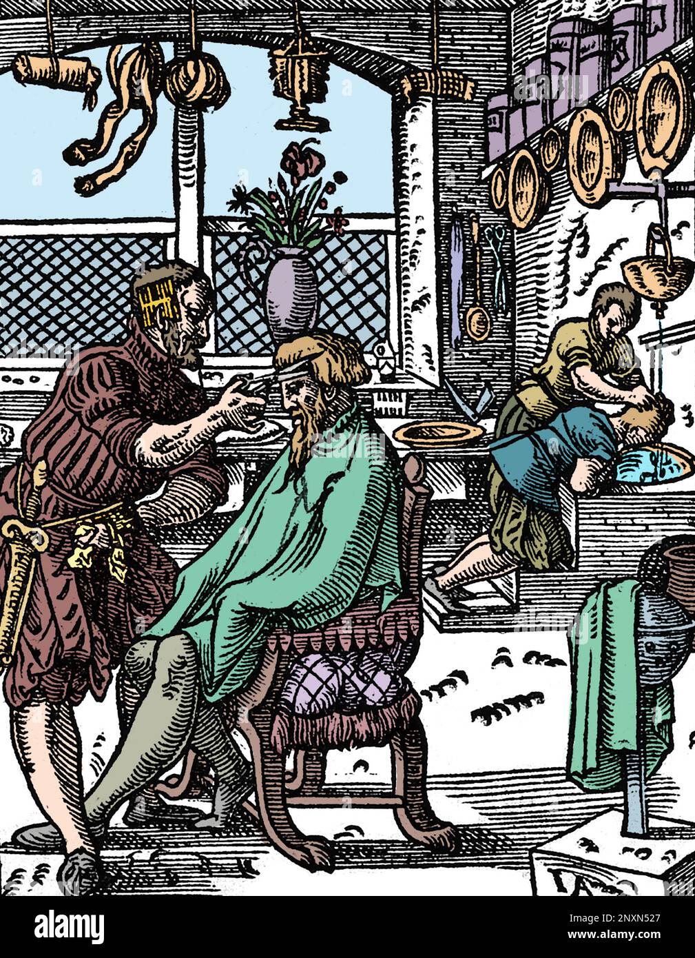 Ein Friseur, der einem Mann die Haare schneidet. Woodcut aus Jost Ammans Handelsbuch, 1568. Gefärbt. Stockfoto