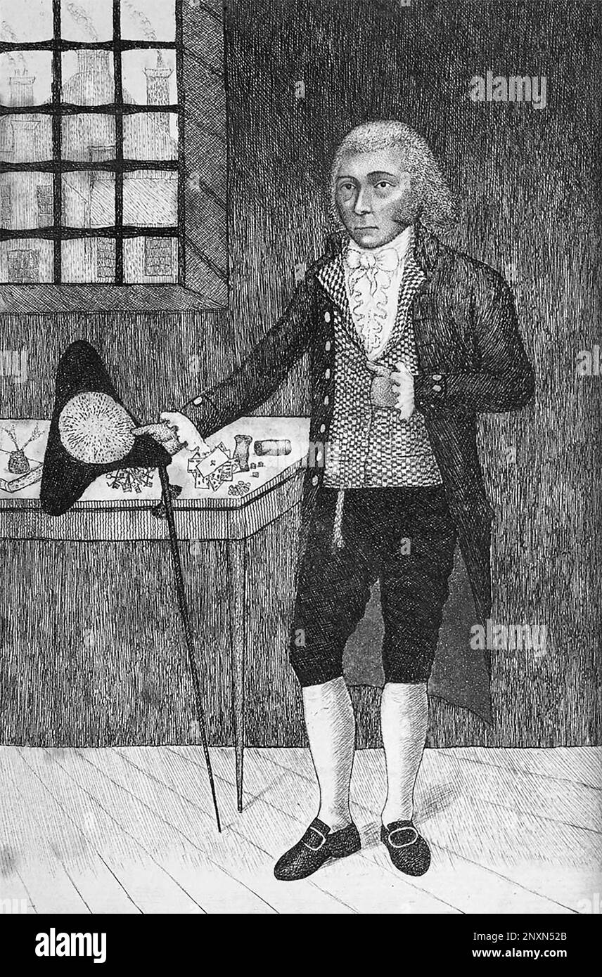 William Brodie (1741-1788), bekannt als Deacon Brodie, war ein schottischer Kabinettsmacher, Diakon einer Handwerksvereinigung und Stadtrat von Edinburgh, der ein geheimes Leben als Hausdieb führte, um seine Spielgewohnheit zu finanzieren. Die Dichotomie zwischen Brodies respektabler und krimineller Seite inspirierte Robert Louis Stevenson zum seltsamen Fall von Dr. Jekyll und Mr. Hyde (1886). Illustration von William Creech, 1788. Stockfoto