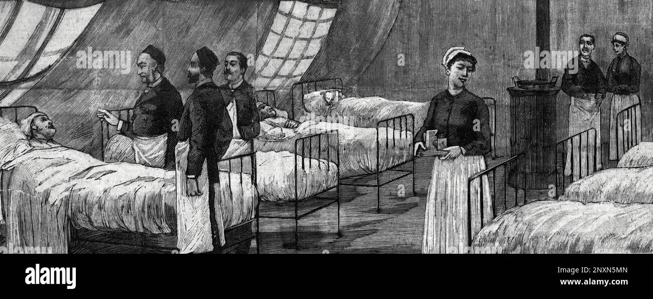 Illustration zur Grippepandemie in Paris, auf dem Cover von Le Petit Parisien, Januar 1890: Das Innere eines Spezialzelts, das als Station für Kranke im Innenhof des Krankenhauses errichtet wurde. Die Pandemie von 1889-1890, die oft als Russische Grippe bezeichnet wird, war eine der tödlichsten Pandemien der Geschichte und tötete eine Million Menschen. Stockfoto