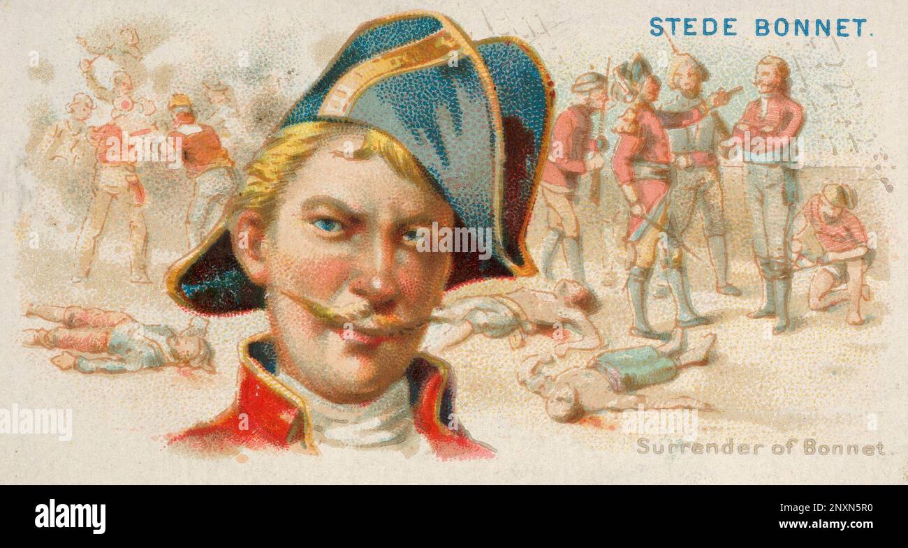 Stede Bonnet, Kapitulation von Bonnet, aus der spanischen Hauptserie für Allen & Ginter Cigarettes, Ca. 1888. /NStede Bonnet (1688-1718) war ein englischer Pirat, der während des Goldenen Zeitalters der Piraterie operierte. Stockfoto