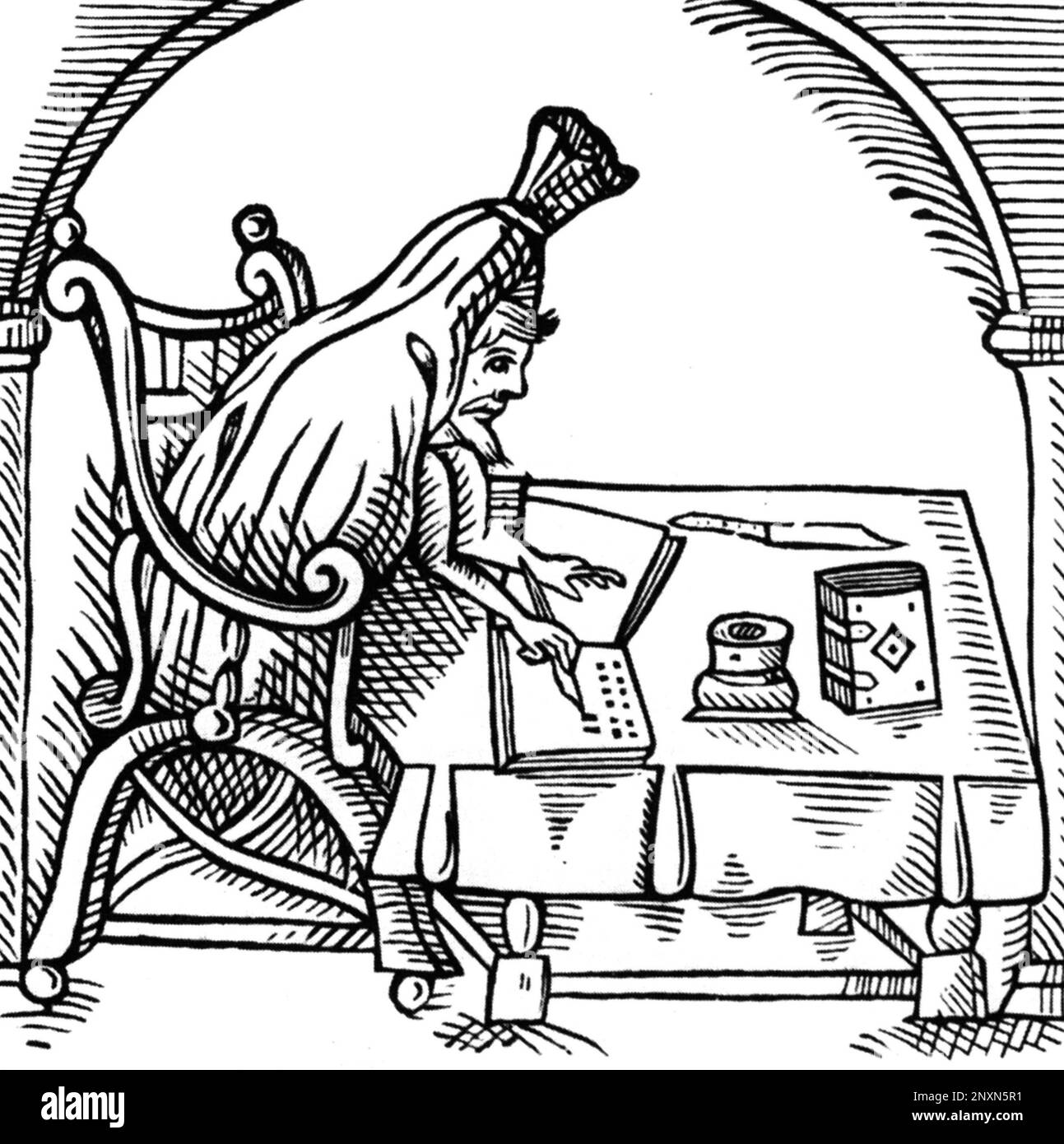 Robert Greene in seinem Leichentuch -- "in Todes Livery" -- von der Frontispiece bis zu John Dickensons Greene in Conceipt (1598). Robert Greene (1558-1592) war ein englischer Dramatiker, der am besten bekannt ist für eine posthume Broschüre, die einen Angriff auf William Shakespeare enthalten soll. Foto von Bernard Gotfryd. Stockfoto