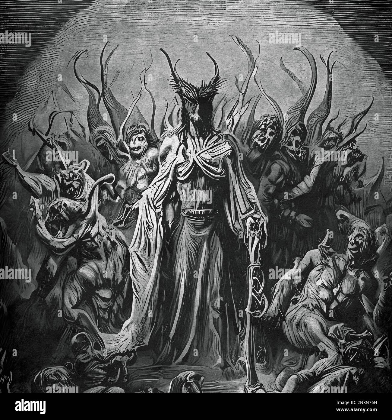 Eine Armee von Dämonen, angeführt von einem Führer, alter Gravur, Religion und Mystik Stockfoto