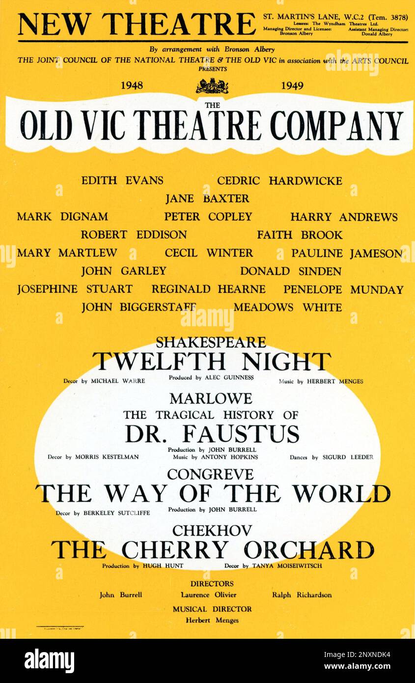 Playbill entworfen von S. JOHN WOODS für EDITH EVANS CEDRIC HARDWICKE JANE BAXTER und DONALD SINDEN in The Old Vic Theatre Company London Staffel der Stücke in Repertory 1948 - 1949 im New Theatre, London, bestehend aus DER ZWÖLFTEN NACHT, DER TRAGISCHEN GESCHICHTE von DR. FAUSTUS, DIE ART DER WELT UND DER KIRSCHGARTEN Stockfoto