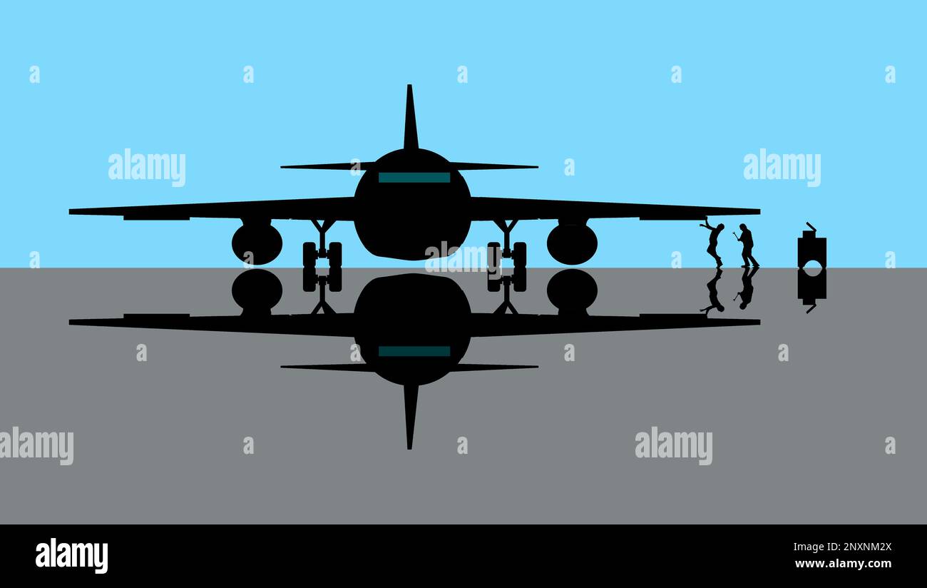 Die Flugzeugwartung ist der Schwerpunkt dieses Bildes, wenn ein Flugzeug in einem Aufhänger gewartet wird. Dies ist eine 3-Abbildung. Stockfoto