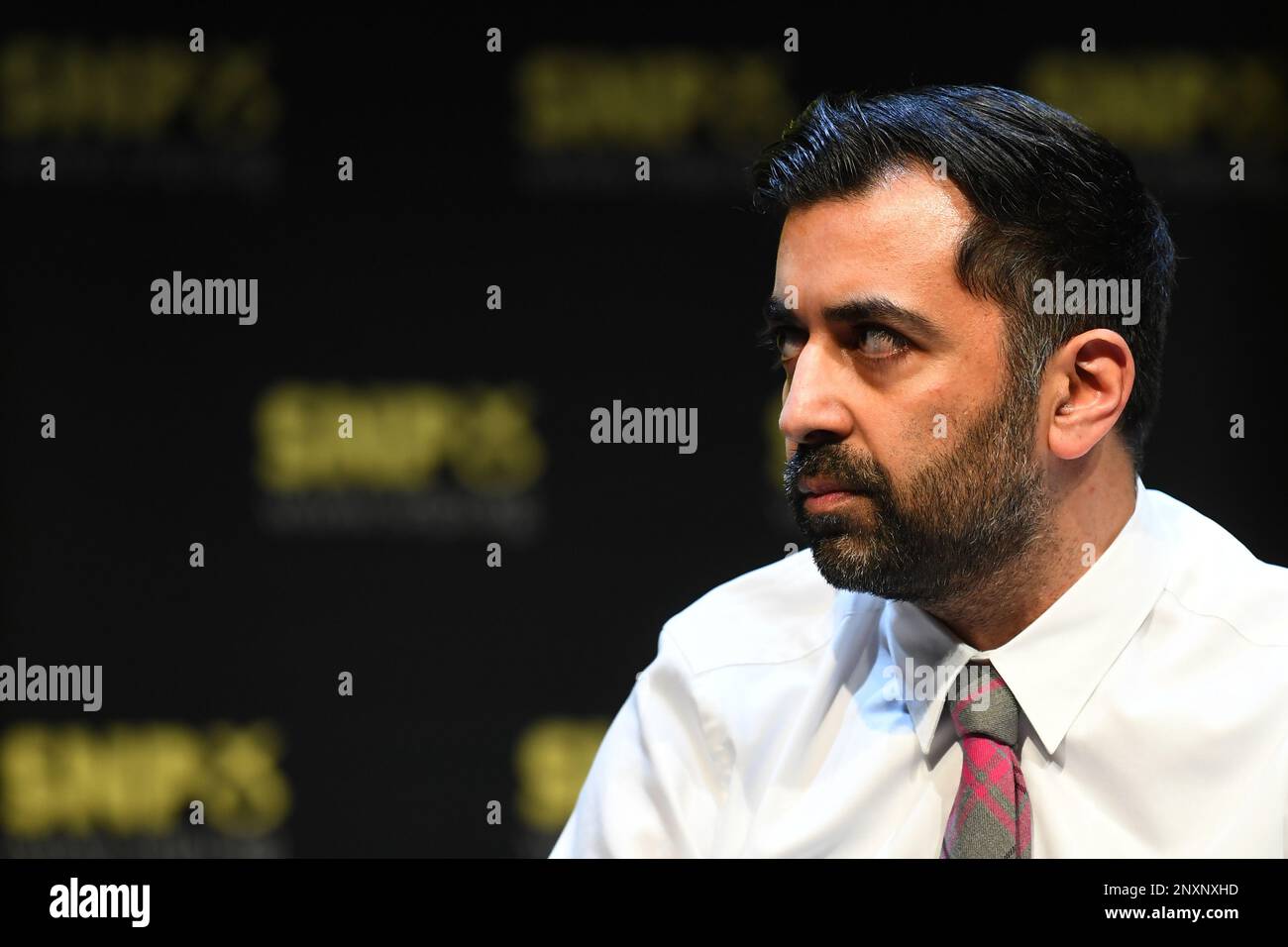 Humza Yousaf nimmt an den ersten SNP-Führungsversuchen in Cumbernauld Teil. Bilddatum: Mittwoch, 1. März 2023. Stockfoto