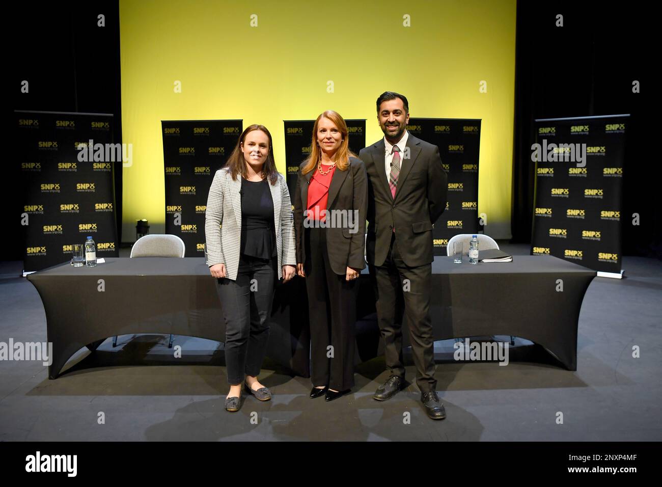(Von links nach rechts) Kate Forbes, Ash Regan und Humza Yousaf nehmen an den ersten SNP-Führungsversuchen in Cumbernauld Teil. Bilddatum: Mittwoch, 1. März 2023. Stockfoto