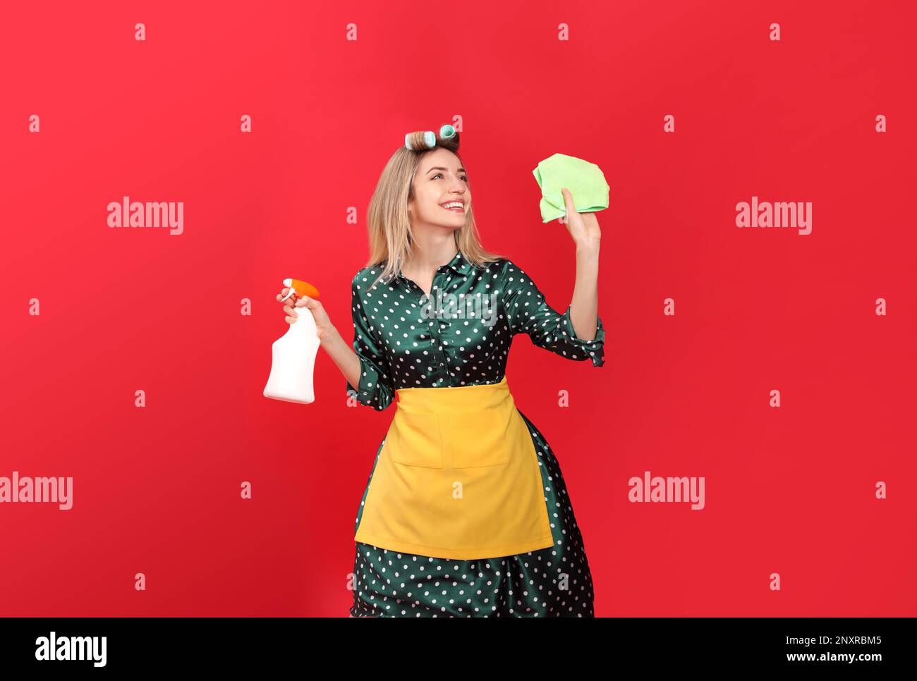Junge Hausfrau mit Reinigungsmittel und Lappen auf rotem Hintergrund Stockfoto