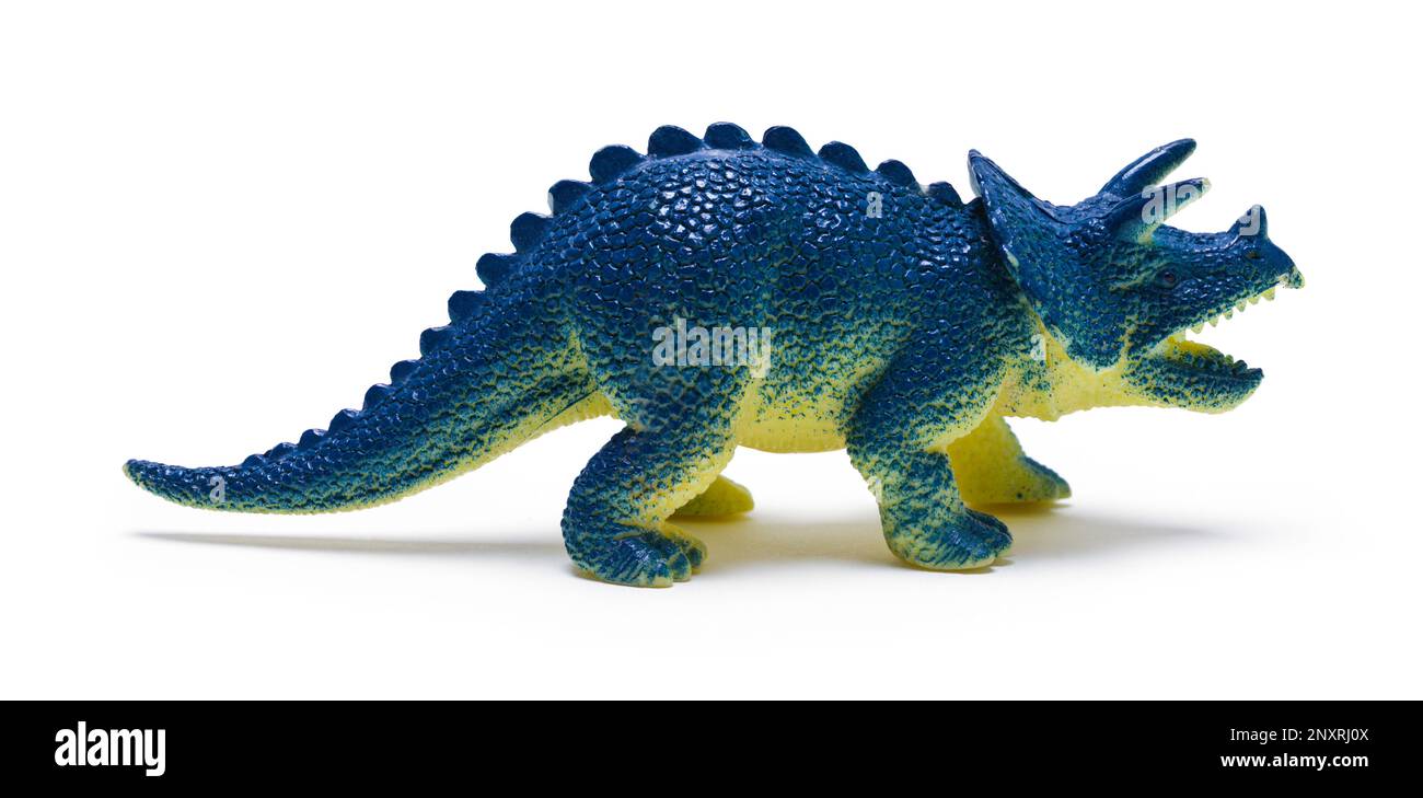 Blaues Dinosaurier Spielzeug, Seitenansicht, Ausschnitt auf Weiß. Stockfoto