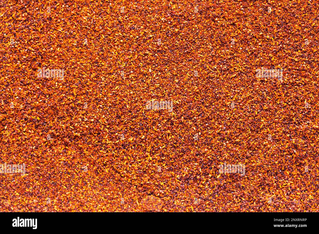 Hintergrund Des Trockenen Roten Chilipulvers Mit Gewürzhaufen. Stockfoto
