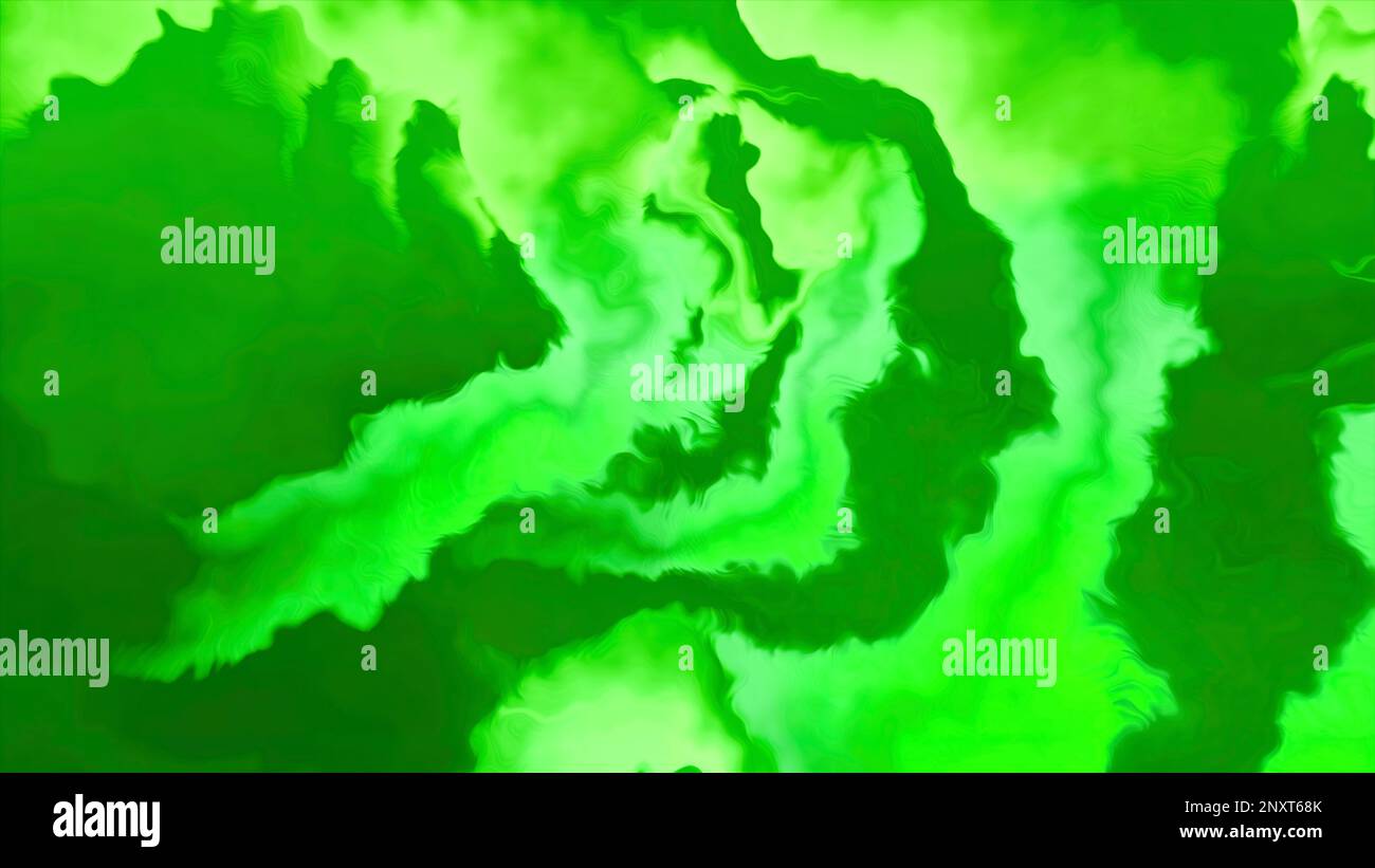 Orangefarbener und grüner, starker Rauch. Bewegung. Ein heller Hintergrund mit farbigen Wolken, die den gesamten Hintergrund der Animation ausfüllen. Hochwertige 4K-Aufnahmen Stockfoto