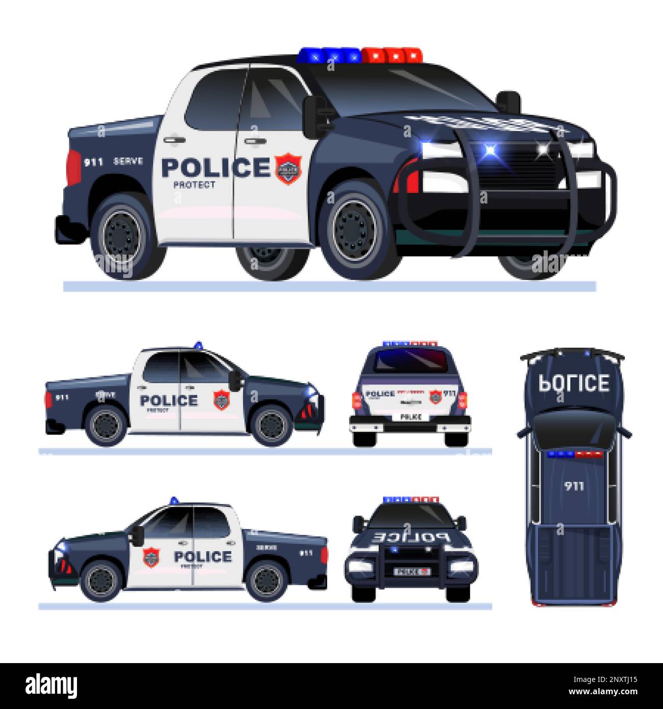 Polizeiauto aus verschiedenen Blickwinkeln, obere Seite, Rückansicht, Vorderansicht, flache Darstellung isolierter Vektoren Stock Vektor
