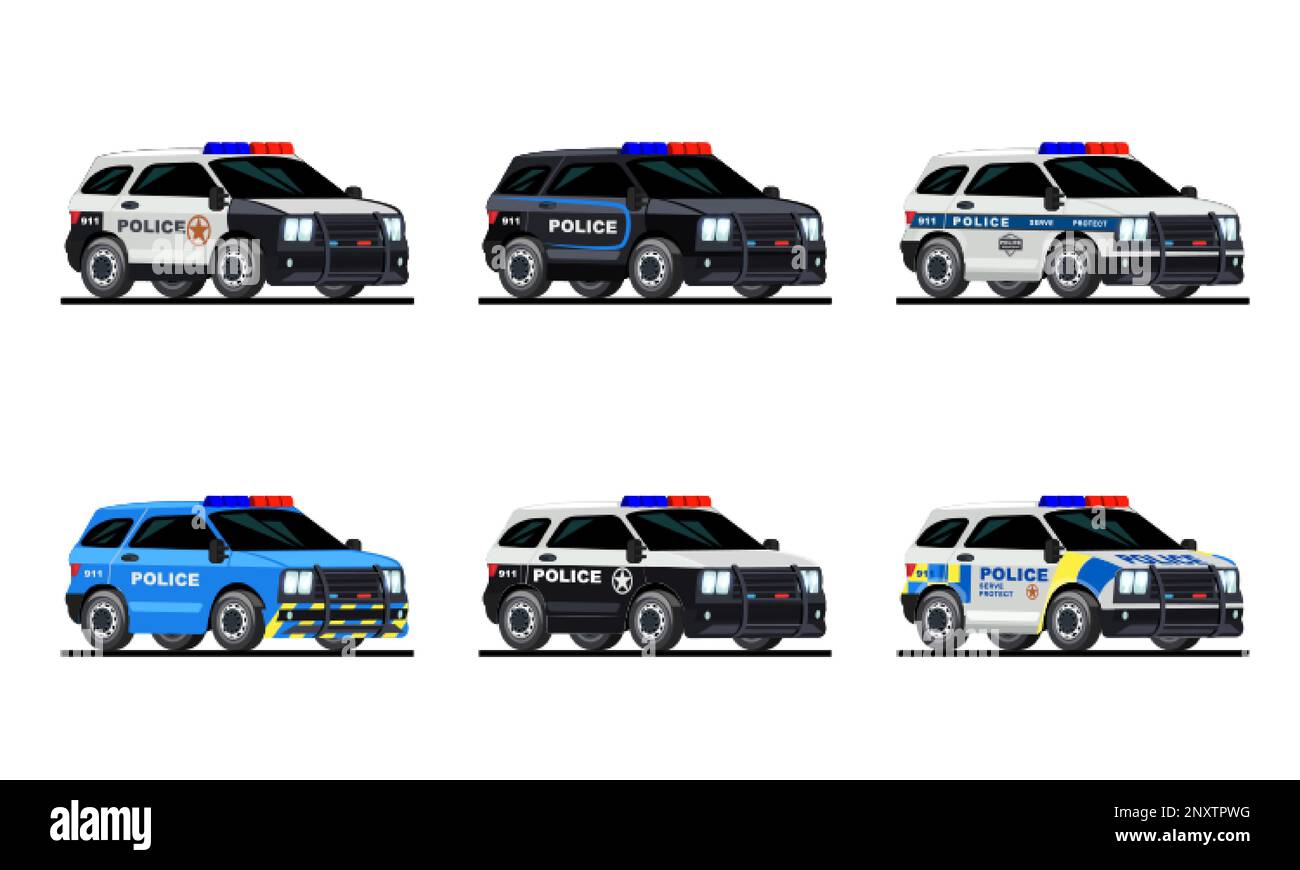 Flaches Set verschiedener Polizeiautos, isoliert vor weißem Hintergrund, Vektordarstellung Stock Vektor