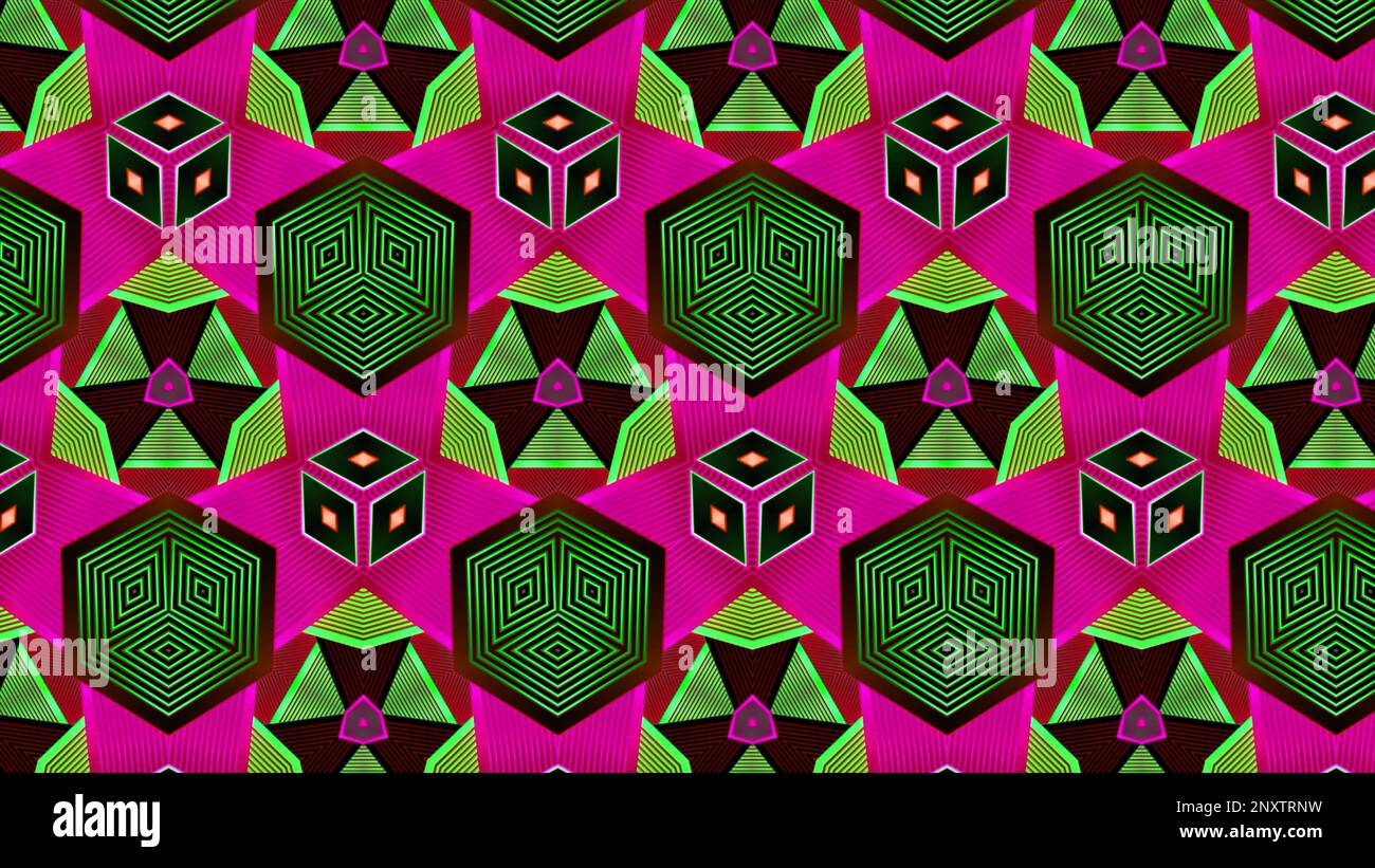 Helles Blinkmuster geometrischer Formen. Bewegung. Säure-Blinkmuster mit sich wiederholenden geometrischen Formen. Psychedelische Neonfiguren blinken in hellem A Stockfoto